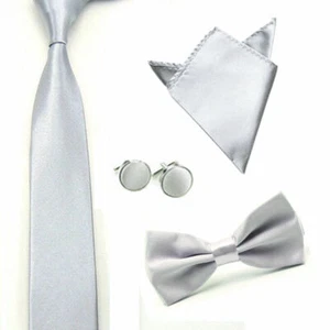 Men Solid Color Satin Bow Tie Necktie Handkerchief Pocket Square Cuff Link Set - Picture 1 of 17
