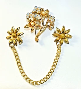 Gold-Plated Set of 2 Flower Brooches / Antique Floral Collar Pins - Picture 1 of 4