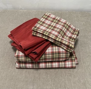 Vtg RALPH LAUREN King Sheet Set Plaid Red Tan + 2 Extra Pillowcases Cotton USA - Picture 1 of 24