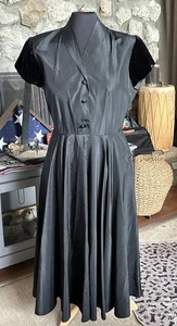 Vintage Black Fit & Flare Cocktail Dress – Velvet Cap Sleeves – 1950s Style - Picture 1 of 5