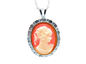 Vintage 1960's Women's Lady Cameo Silver Charm Pendant Necklace - Picture 1 of 8