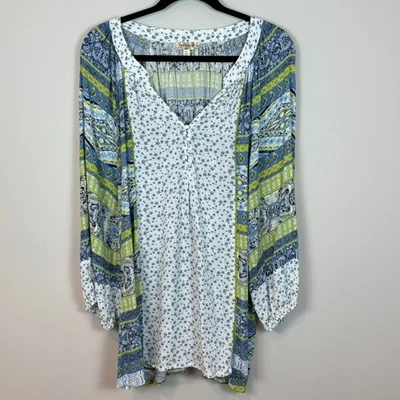 Blusa One World Azul Floral Boho Camponesa Leve Feminina 2X Conforto Elástico - Imagem 1 de 4