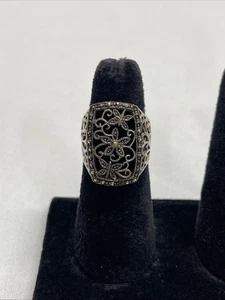 Vintage verzierter filigraner silberfarbener floraler Art Deco viktorianischer Stil Ring Größe 8 - Bild 1 von 13