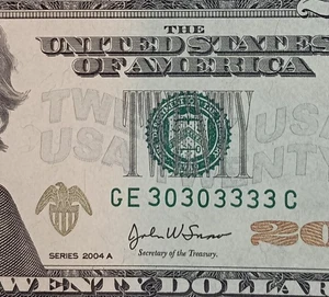 GE30303333C $20 Repeater 6 of a Kind 3s Fancy Serial Number Twenty Dollar 2004A - Picture 1 of 3