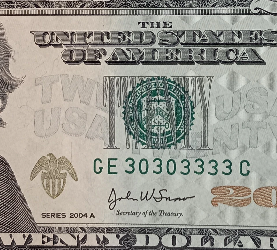 GE30303333C $20 Repeater 6 of a Kind 3s Fancy Serial Number Twenty Dollar 2004A - Image 1 of 3