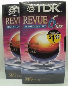 Two (2) TDK REVUE Premium Quality T-120 6 HRS VHS Cassettes New & Sealed - Picture 1 of 3