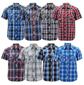 Boy’s Cowboy Casual Short Sleeve Pearl Snap Button Down Plaid Western Shirt - Picture 1 of 70