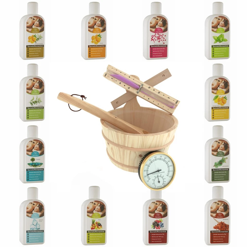 DEWELLO Saunazubehör Aufgusskonzentrat Saunaeimer Saunakelle Sanduhr Thermometer