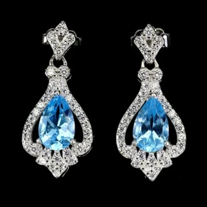 925 Sterling Silber Ohrringe Birne Schweizer Blau Topas Natur Edelstein Schmuck - Bild 1 von 9