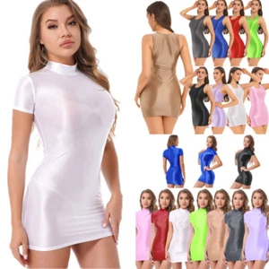 FEESHOW AU Womens Sexy Glossy Bodycon Mini Dress See Through Party Club Pencil - Picture 1 of 153