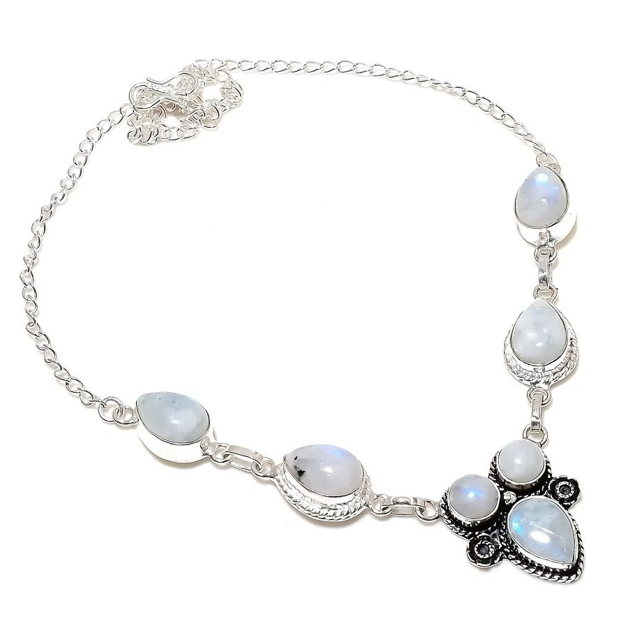 Collar de joyería de plata de ley 925 hecho a mano con piedras preciosas de luna tamaño 18" Foto 1 de 1