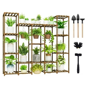 HBN Wood Plant Stand Indoor Outdoor, Wood Plant Shelf W/ 4 Tier Ladder & 14 Pots - Picture 1 of 7