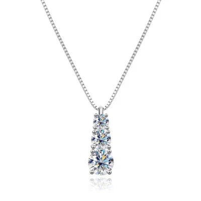 1.8CT D Color VVS1 Moissanite Pendant Necklace 3 Stone 925 Sterling Sliver GRA - Image 1 of 4