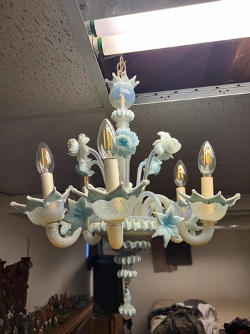 Vintage Venetian Blue Opalescent Murano Glass Chandelier With Six Arms of light Cover