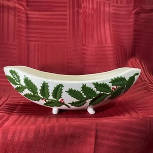 Vintage White Ceramic With Green Holly Boat Shape Candy Dish Footed - Picture 1 of 6
