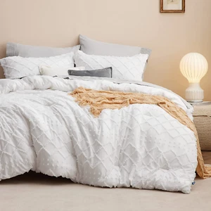 Boho Comforter Set Full - White Tufted Shaby Chic Bedding Comforter Set for All - Picture 1 of 34