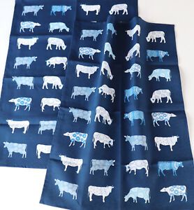 2x Tea Towel Cattle Kracht Kitchen Cloths Semi Linen Cow Food Cooking Blue