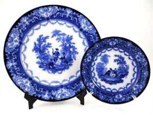 WATTEAU - Antique FLOW BLUE  Dinner & B&B plates - Doulton & Co., Burslem c.1916