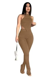 Two Piece Outfits for Women Sleeveless Crop Top Ribbed High Waist Long Pants - Picture 1 of 7