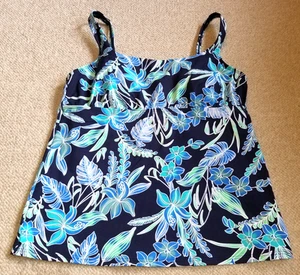 Womens Swim Suit-LANDS' END-navy 'Sealily Floral' nylon stretch tankini top-14 - Picture 1 of 5