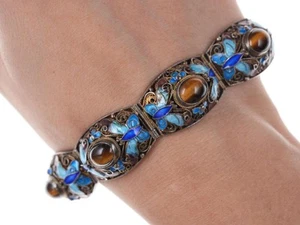 Vintage Chinese gilt filigree silver enamel cats eye bracelet - Picture 1 of 8