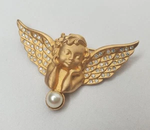 Swarovski goldfarbene Cherub Brosche Engel Figur Anstecknadel Kristalle Flügel Retired - Bild 1 von 9