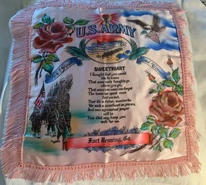 vintage pink satin Army ft. Benning sweetheart pillow cover fringe souvenir sham - Picture 1 of 8