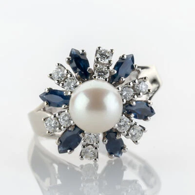14k gold vintage ring with pearl sapphires and diamonds - Image 1 of 4