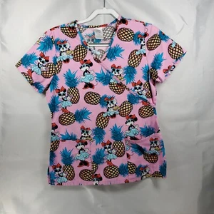 Disney V-Neck Scrub Top Summertime Minnie Mouse with Shades and Pineapples Sz S - Picture 1 of 7