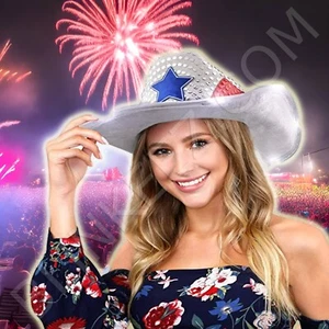 Sombrero de vaquero iluminado 4 de julio, rojo blanco azul intermitente LED ¡Sombrero de vaquero! - Imagen 1 de 6