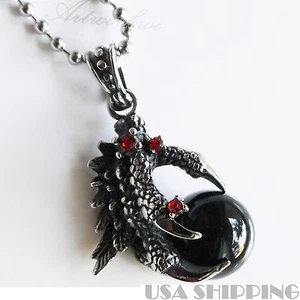 Vintage Men's Stainless Steel Dragon Claw Black Agate Beads Pendant Necklace - Picture 1 of 5