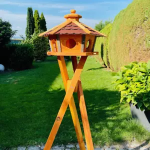 DARLUX Vogel Futter Haus L Sechseck Holz Vogelhaus + Ständer Braun/ Rot - Bild 1 von 6