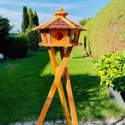 DARLUX Vogel Futter Haus L Sechseck Holz Vogelhaus + Ständer Braun/ Rot - Bild 1 von 4