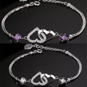 925 Sterling Silver Girls Womens Charm Bracelet Love Double Heart Jewellery Gift - Picture 1 of 13
