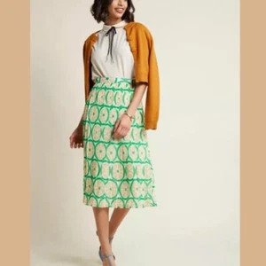 Modcloth Retro Pleated Citrus Print Midi Skirt, Yellow Green Lemon Lime, Sz XS - Picture 1 of 9