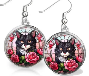 Tuxedo Cat Earrings Pink Roses Faux Stained Glass Art Print Tuxedo Lover Gift - Picture 1 of 3