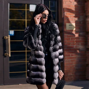 Women Luxury Chinchilla Natural Real Rex Rabbit Fur Coat Jacket Overcoat Outwear - Picture 1 of 5