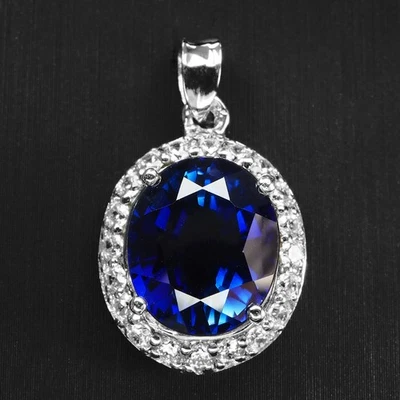 Brilliant Vivid Blue Sapphire 7Ct 925 Sterling Silver White Gold Halo Pendants - Image 1 of 4