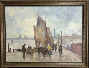 Anfang 1900 Ölgemälde des aufgeführten Künstlers Bruno Juttner 22”x30” Niederländischer Hafen - Bild 1 von 4