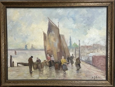 Early 1900's Oil Painting By Listed Artist Bruno Juttner 22”x30” Dutch Port - Image 1 of 4