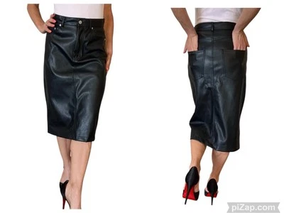 WOMEN'S ZARA VEGAN FAUX LEATHER BLACK SKIRT  JEAN STYLE POCKETS PENCIL MIDI S - Image 1 of 4