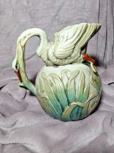 Sehr seltener großer Majolika Schwan auf Schilf Krug Krug Vintage antik handbemalt - Bild 1 von 19