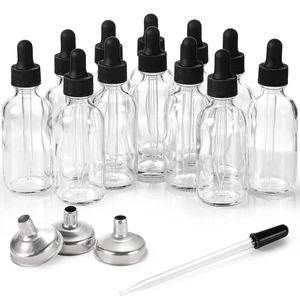 12 Pack, 2 Oz Glass Eye Dropper Bottles W/ 3 Stainless Steel Funnels & 1 Long Pi - Picture 1 of 12