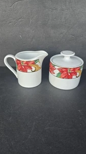 Set zuccheriera con coperchio e crema natalizia Poinsettia ceramica bordo oro Natale - Foto 1 di 5