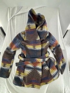 Mossimo Western Aztec Jacket Women Medium Beige Blue Hooded Belted - Picture 1 of 10