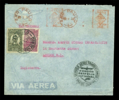 BRAZIL 1934 AIRMAIL Condor-Zeppelin-Lufthansa 11500Reis franking cover to UK - Image 1 of 2