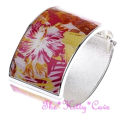 Floreale Fiore di Ibisco Giungla Stampa Resina su Largo Argento Ovali Bracciale - Immagine 1 di 2