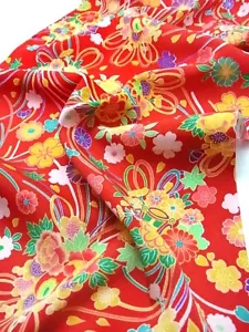 u024-c_Unbenutzter japanischer Kimono Stoff_Seide,Rot,Kusudama,Blume,Yuzen, 100 cm - Bild 1 von 11