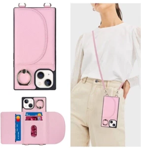 Crossbody iPhone 14 Plus Wallet Case w Card Holder Slot, Kickstand, Lanyard Pink - Photo 1 sur 11