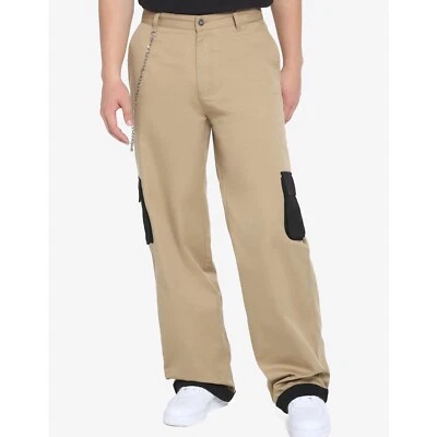 Hot Topic Khaki Contrast Cargo Pocket Wide Leg Pants in Black & Beige Size 38x32 - Image 1 of 4